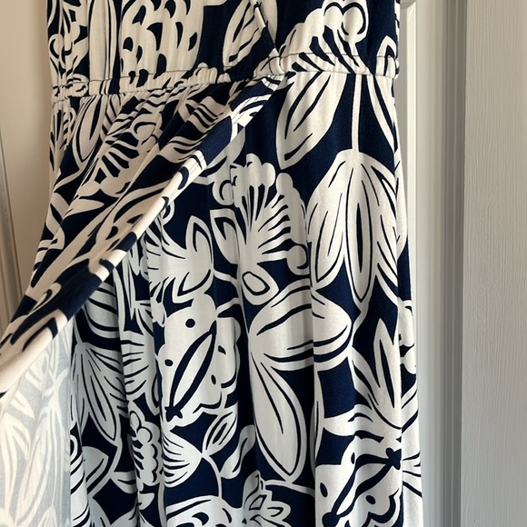 TALBOTS SIZE M V-NECK SLEEVELESS LONG DRESS. NAVY/WHITE - Picture 5 of 7